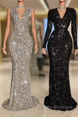 Glitter Long V-neck Sequined Floor Length Mermaid Evening Prom Dress with Sleeves
