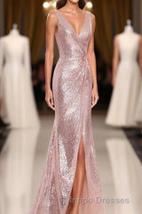 Rose Gold Sequin V-neck Long Formal Dress with Slit