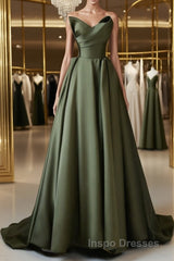 A-Line V Neck Satin Green Long Evening Prom Dress, Green Long Formal Dress
