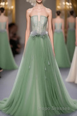 Green Tulle Lace Long Evening Prom Dress, Green Tulle Evening Prom Dress, 3