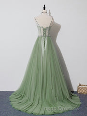 Green Tulle Lace Long Evening Prom Dress, Green Tulle Evening Prom Dress, 3