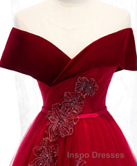 Burgundy Tulle Off Shoulder Long Evening Prom Dress, Burgundy Formal Dress