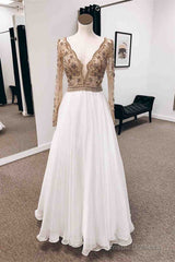 Champagne A-line V Neck Long Sleeves Chiffon Long Prom Dress