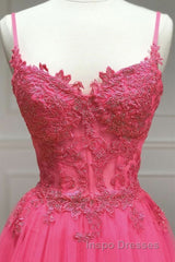 Hot Pink Floral Spaghetti Straps A-line Long Evening Prom Dress