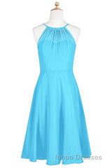 Pool Blue Chiffon Halter Short Bridesmaid Dress
