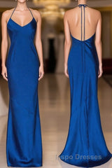 Mermaid Halter Royal Blue Satin Long Evening Prom Gown