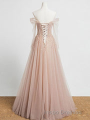 Champagne Pink Tulle Beads Long Evening Prom Dress, Champagne Evening Prom Dress
