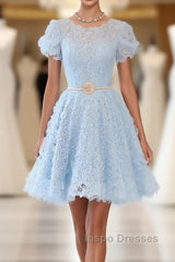 Cute Blue Lace Short Evening Prom Dress, Blue Homecoming Dress
