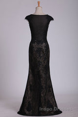 Black Off The Shoulder Sheath Evening Prom Dress Lace&Tulle Floor Length With Applique & Slit