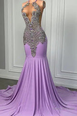 Long Lilac Sleeveless Halter Mermaid Prom Dress With Beadings