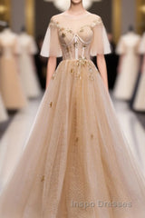 Champagne Round Neck Tulle Lace Long Evening Prom Dress, Formal Dress