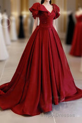 Simple Burgundy Satin Long Evening Prom Dress, Burgundy Long Evening Prom Dress