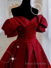 Simple Burgundy Satin Long Evening Prom Dress, Burgundy Long Evening Prom Dress