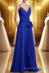 Royal Blue V-Neck Spaghetti Straps Tea-Length Bridesmaid Dress