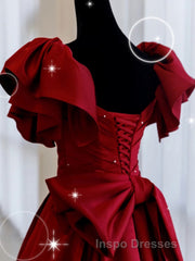 Simple Burgundy Satin Long Evening Prom Dress, Burgundy Long Evening Prom Dress