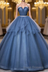 Blue Sweetheart Neck Tulle Long Evening Prom Dress, Blue Evening Prom Dress