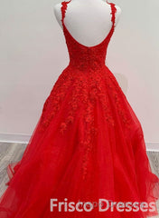 Red Tulle Lace A Line Formal Evening Prom Dress Appliques Long Evening Prom Dress