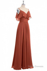 Rust Orange Straps Ruffled A-Line Bridesmaid Dress