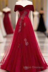 Burgundy Tulle Off Shoulder Long Evening Prom Dress, Burgundy Formal Dress