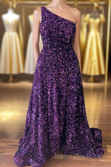 Purple Sequin One-Shoulder Backless A-Line Long Evening Prom Dress