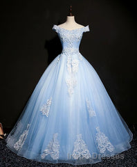 Blue Tulle Lace Off Shoulder Long Evening Prom Dress, Blue Tulle Lace Evening Prom Dress