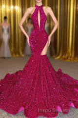 Sparkle Sequined Fuchsia High neck mermaid Keyhole asymmetric cut Evening Prom Dress