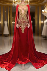 Mermaid Evening Prom Dress with Red Scoop Neckline and Beadings Cape
