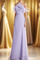Lavender Halter Ruffled A-Line Long Bridesmaid Dress