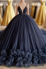 spaghetti straps beading bodice tulle ball gown Evening Prom dress with handmade flowers
