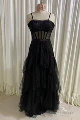 Black Prom Dress, Elegant A-line Layered Tulle Prom Dresses,Sheer Corset Long Evening Dress