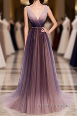 Simple V Neck Tulle Long Evening Prom Dress, Tulle Evening Dress