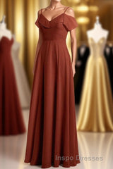 Rust Orange Chiffon Straps Ruffled A-Line Bridesmaid Dress