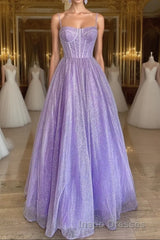Spaghetti Straps Sparkly Lilac A Line Evening Prom Dress Sequin Evening Prom Dress