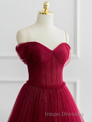A-line Sweetheart Neck Tulle Burgundy Long Evening Prom Dress, Off Shoulder Burgundy Formal Dress