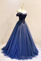 A-Line Tulle Beading Long Evening Prom Dress, Off the Shoulder Evening Prom Dress