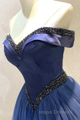A-Line Tulle Beading Long Evening Prom Dress, Off the Shoulder Evening Prom Dress