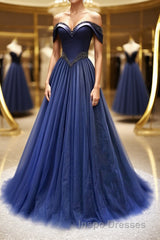A-Line Tulle Beading Long Evening Prom Dress, Off the Shoulder Evening Prom Dress