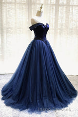 A-Line Tulle Beading Long Evening Prom Dress, Off the Shoulder Evening Prom Dress