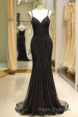 Mermaid Spaghetti Strap Black Beaded Formal Evening Prom Dress