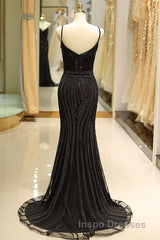 Mermaid Spaghetti Strap Black Beaded Formal Evening Prom Dress