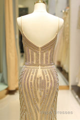 Mermaid Spaghetti Strap Black Beaded Formal Evening Prom Dress