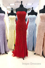 Strapless Light Blue Lace Long Evening Prom Dress with Slit