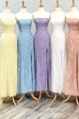 Strapless Light Blue Lace Long Evening Prom Dress with Slit