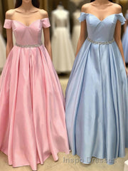 Elegant Off the Shoulder Satin Beaded Long Evening Prom Dress