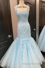 Straps Mermaid Light Blue Lace Appliqued Long Evening Prom Dress