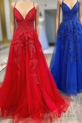 Elegant V Neck A-Line Red Appliqued Long Evening Prom Dress