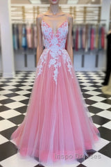 Elegant V Neck Lace-Up Back Pink Long Evening Prom Dress with Appliques