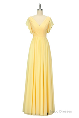 Elegant V Neck Pleated Yellow Bridesmaid Dress with Ruffles