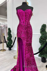 Fuchsia Sequin Strapless Mermaid Long Evening Prom Dress with Slit