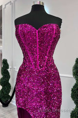 Fuchsia Sequin Strapless Mermaid Long Evening Prom Dress with Slit